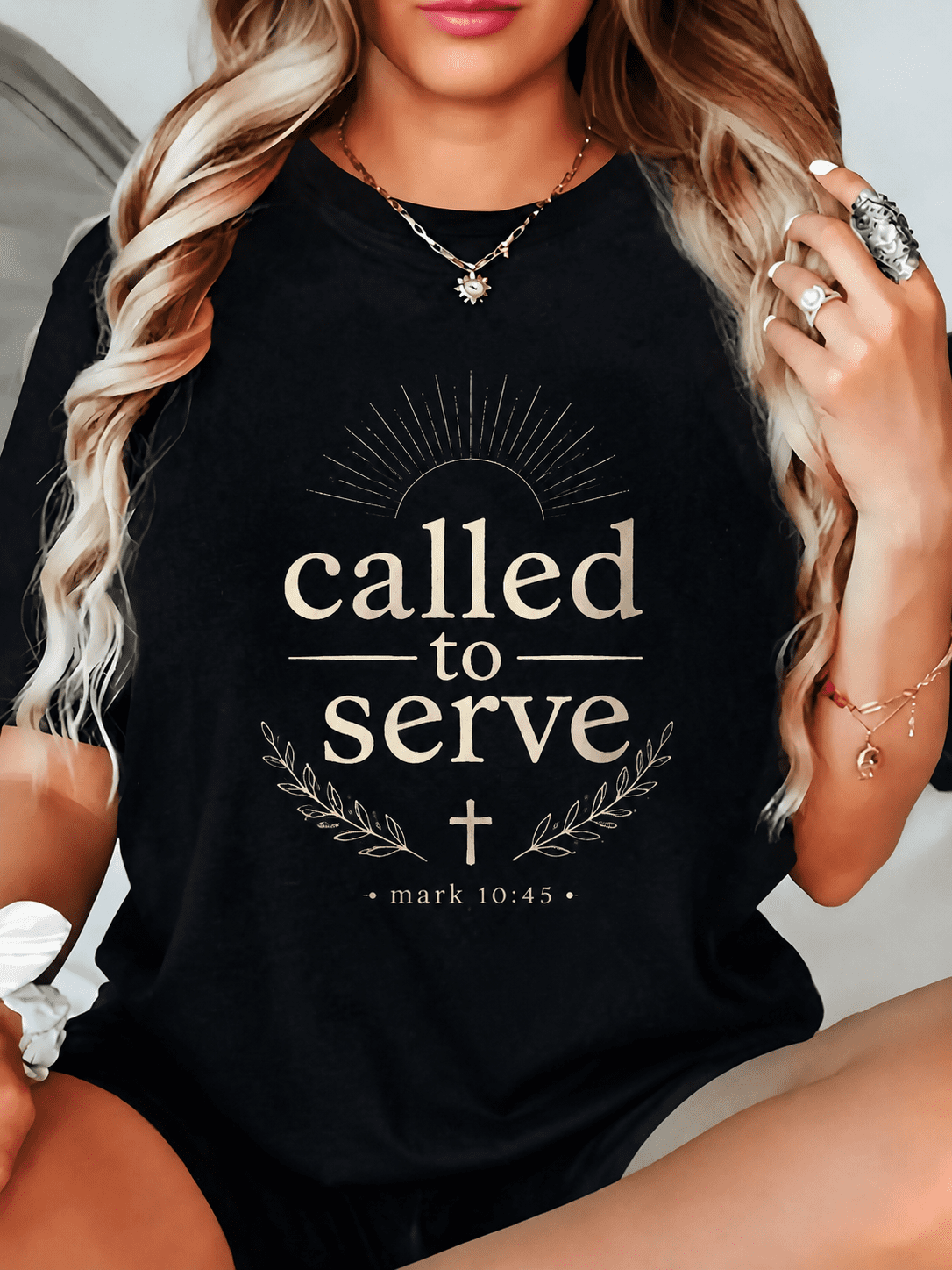 Womens Called To Serve Mark 10:45 Religious Tee Cross Sunflower Christian Faith Bible Verse Short Sleeve Shirt