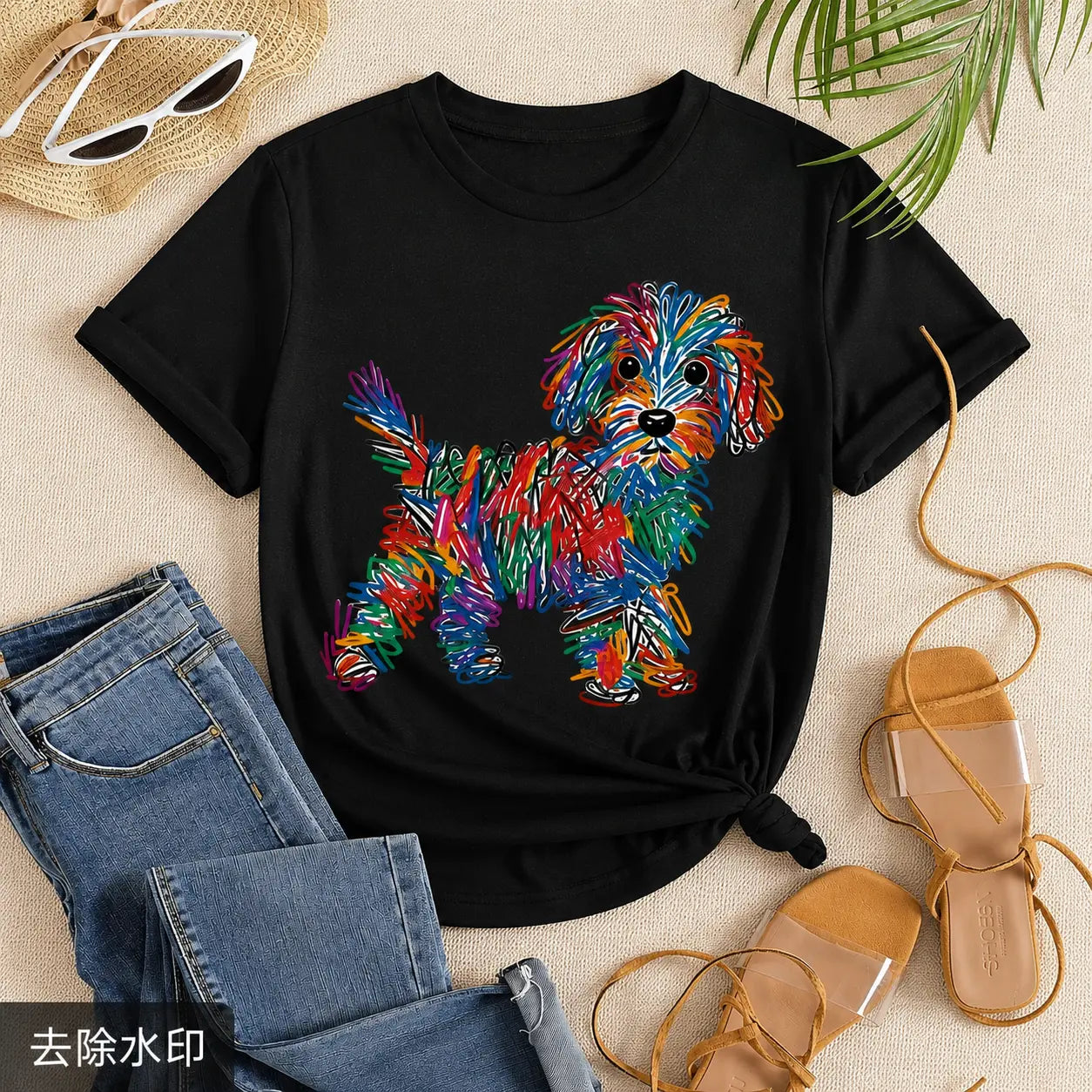 Womens Graphic Tee Rainbow Line Puppy Print Casual Design T Shirt Streetwear Style Crewneck Short Sleeve Soft