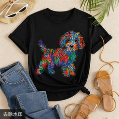 Womens Graphic Tee Rainbow Line Puppy Print Casual Design T Shirt Streetwear Style Crewneck Short Sleeve Soft