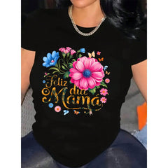 Happy Mother's Day Floral Design Women's T-Shirt With Colorful Flowers And Butterflies Graphic Print For Mom Celebration Gift, 220g