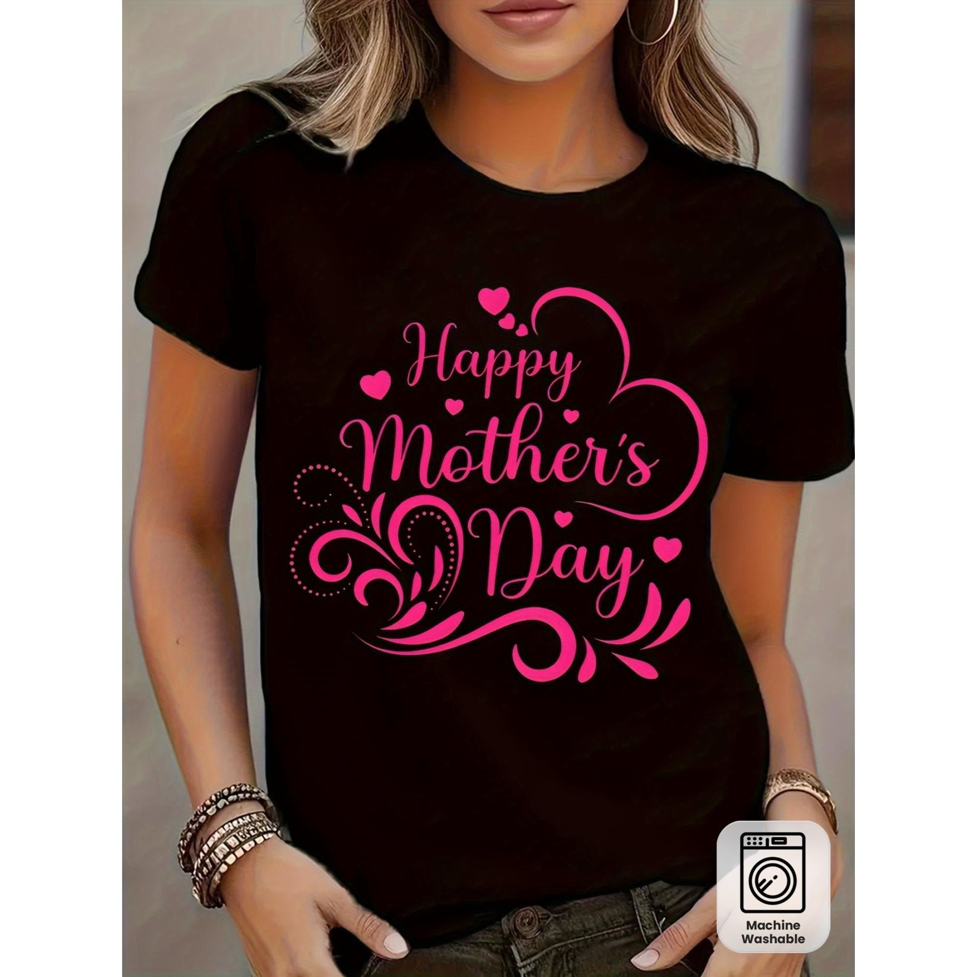 Mother's Day MAMA Graphic T-Shirt for Wo - Casual Comfort Fit, Black with Pink Letter Print and Heart Design, Machine Washable Gift for Mom, Mothers Day Gifts for Mom
