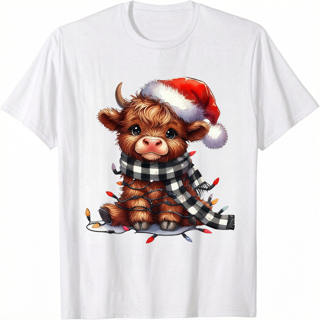 Christmas Bull Cow T-Shirt Women's Festive Santa Hat Plaid Scarf Holiday Graphic Tee Cute Animal Christmas Shirt For Women And Men