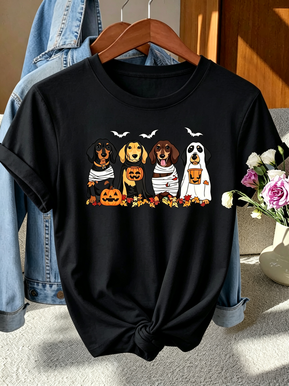 Halloween Dachshund Dogs Mummy Ghost Pumpkin Graphic T-Shirt, Women's Cute Spooky Short Sleeve Tee