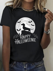 Women's Crew Neck Graphic T-Shirt, Happy Halloweenie Dachshund Full Moon Bats Halloween Short Sleeve Casual Tee