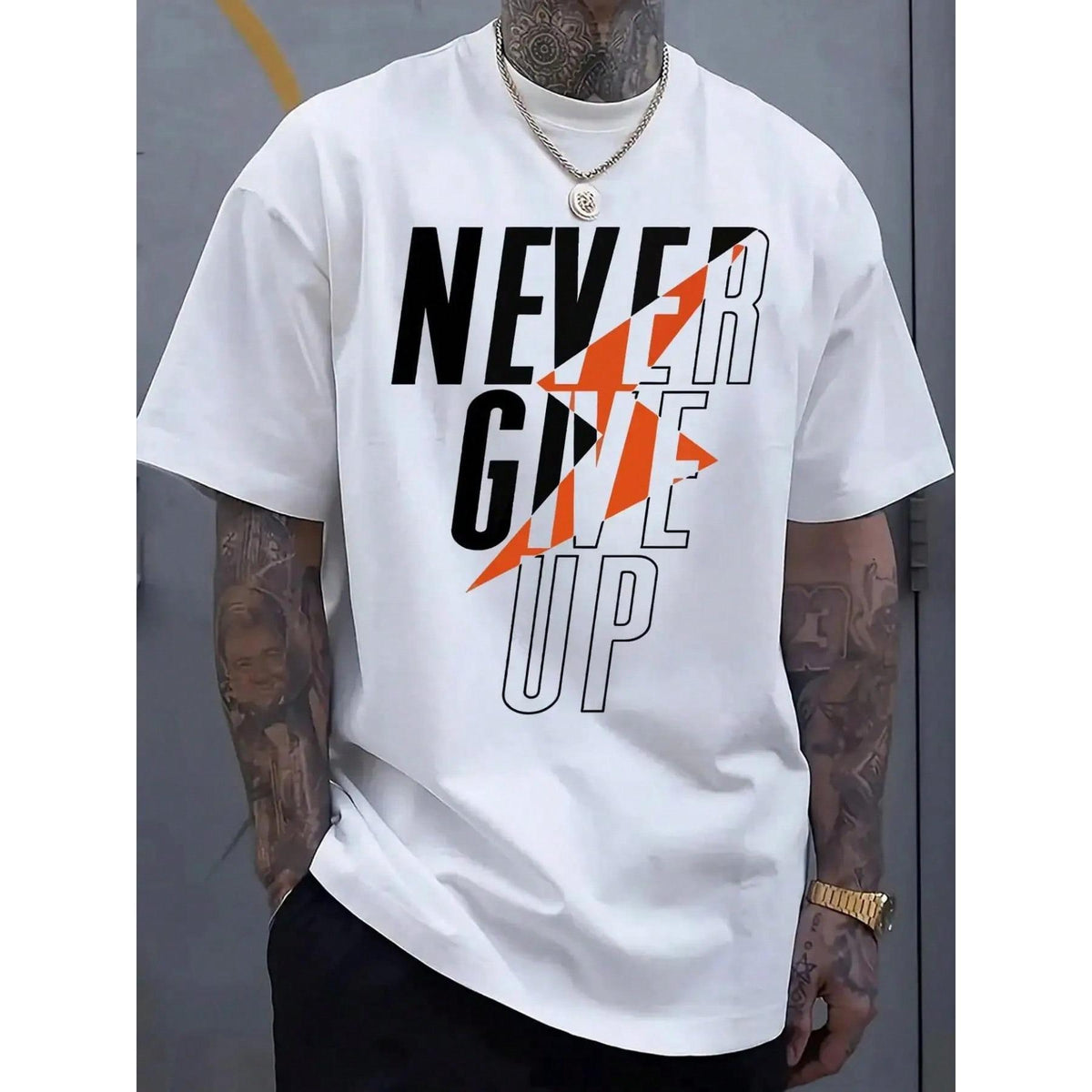 Men'S Casual "Never Give Up" Graphic T-Shirt - White With Bold Orange & Black Design, 100% Cotton, Comfortable Stretch Fit, Short Sleeve, Round Neck, Perfect For Daily Wear, Everyday Tshirt |   Bold Statement Shirt |   Comfortable Fit Shirt