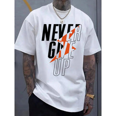 Men'S Casual "Never Give Up" Graphic T-Shirt - White With Bold Orange & Black Design, 100% Cotton, Comfortable Stretch Fit, Short Sleeve, Round Neck, Perfect For Daily Wear, Everyday Tshirt |   Bold Statement Shirt |   Comfortable Fit Shirt