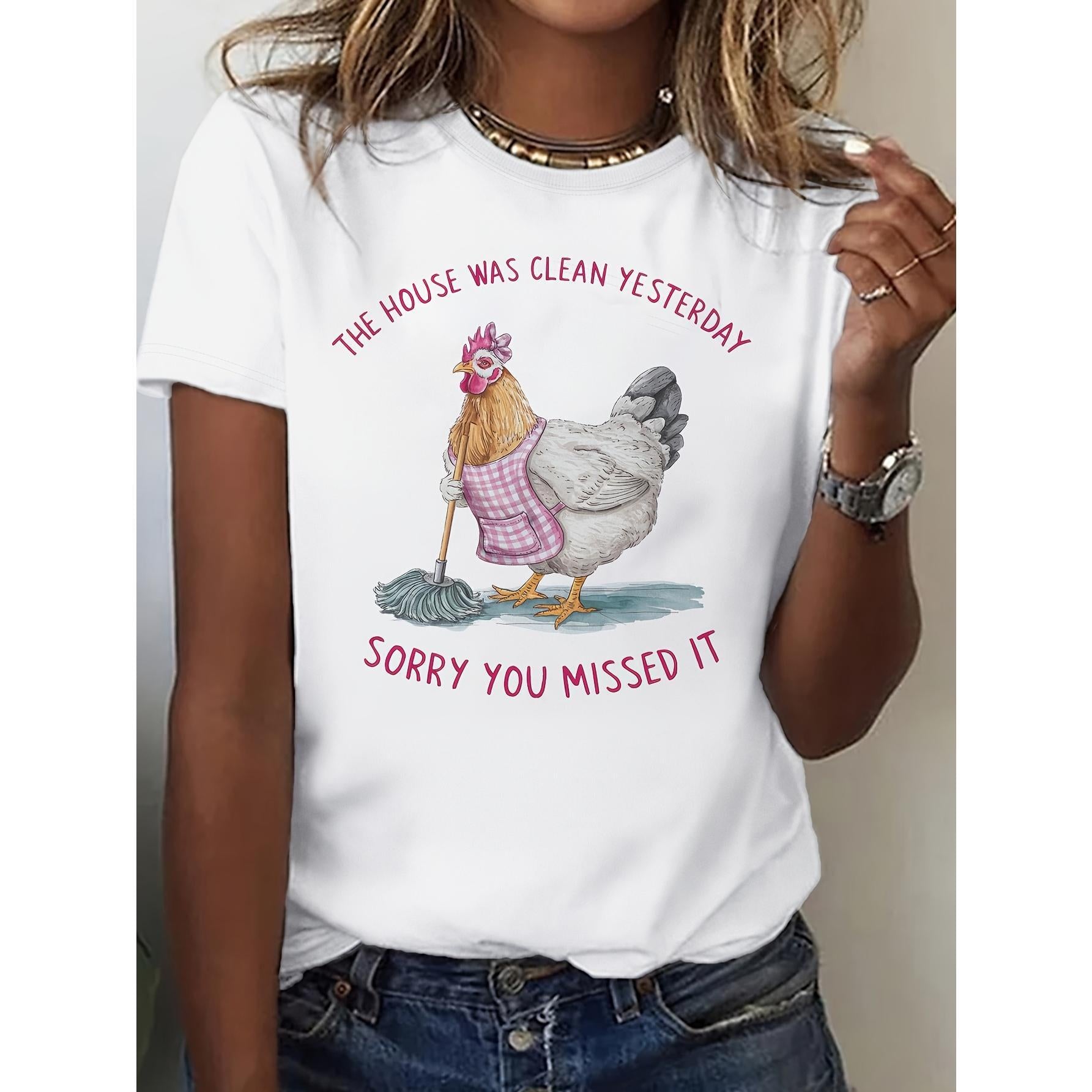Women' Funny "The House Was Clean Yesterday" T-Shirt - Short Sleeve Humorous Top with Suitable for - Casual Wear, Machine Washable Blouse-Compatible Gift for Relatives & Friends (Comfortable Everyday Outfits)