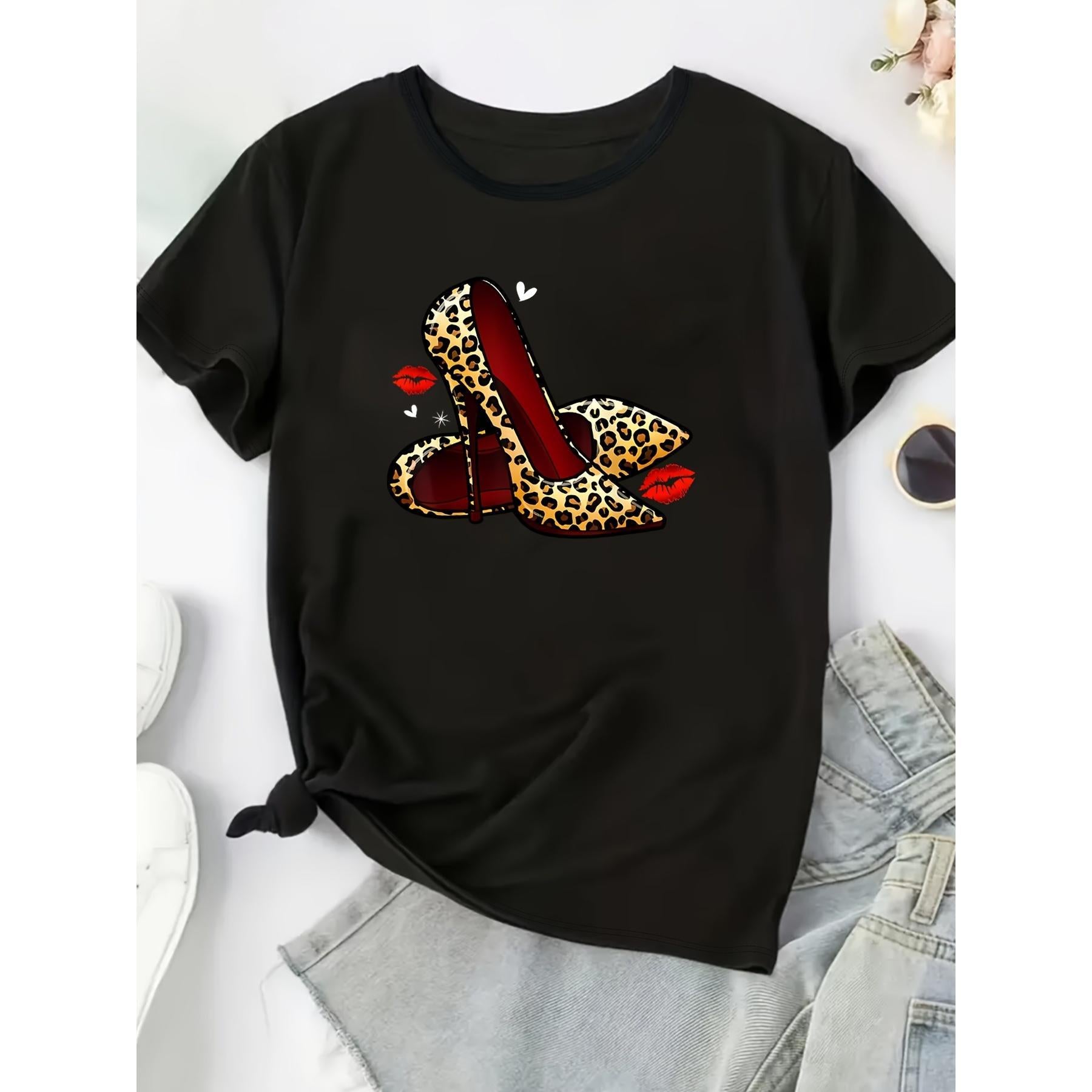 Vibrant Leopard Print Casual Crew Neck Short Sleeve T-Shirt - Soft Mid-Elasticity Polyester Fabric, Regular Length, Perfect for Spring and Summer - Womens Fashionable Crew Neck Top