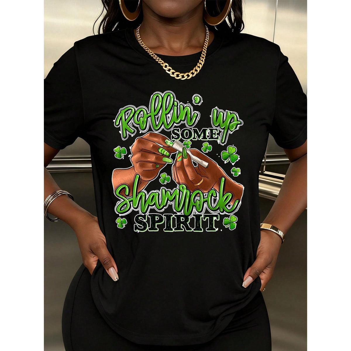 Women Rollin Up Some Shamrock Spirit Clover Print T-Shirt St Patrick's Day Party Wear