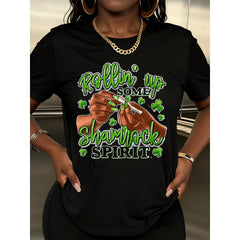 Women Rollin Up Some Shamrock Spirit Clover Print T-Shirt St Patrick's Day Party Wear