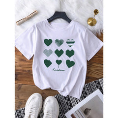 Stylish Women's T-Shirt With Heart & Slogan Design - Casual Knit - White With Green Hearts, Perfect For Spring/Summer/Fall