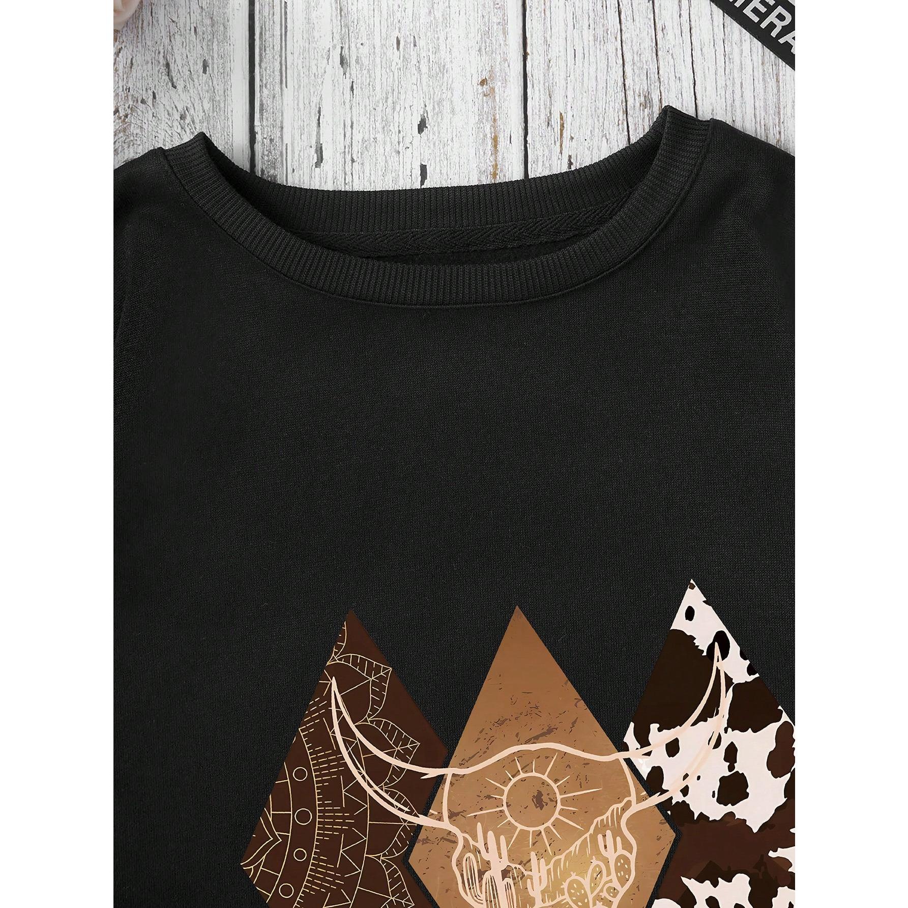 Women's Cow Head Printed Round Neck Sweatshirt Pullover Fall Outfit