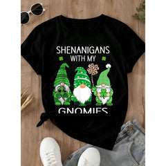 Shenanigans With My Gnomies St Patrick's Day Gnome Print,Women's Plus Size Casual Crew Neck T-Shirt,St. Patrick's Day Outfits, Fun Patterned Tops For Festivals And Celebrations, Women's Clothing