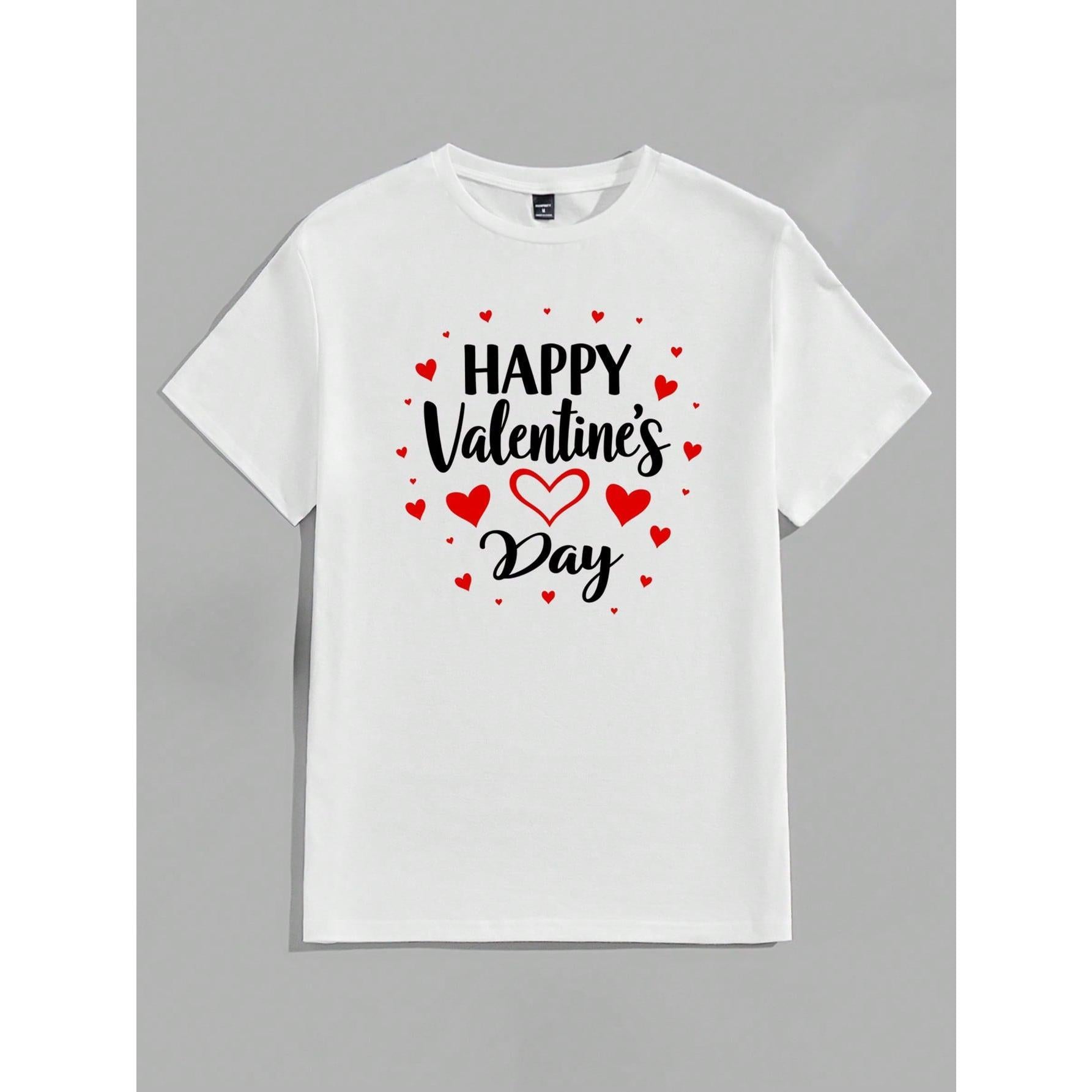 Homme Valentine's Day Heart Font Casual Print Men's Standard White Crew Neck Short Sleeve T-Shirt, Essential For Dates And Gatherings, Suitable As Gift For Boyfriend