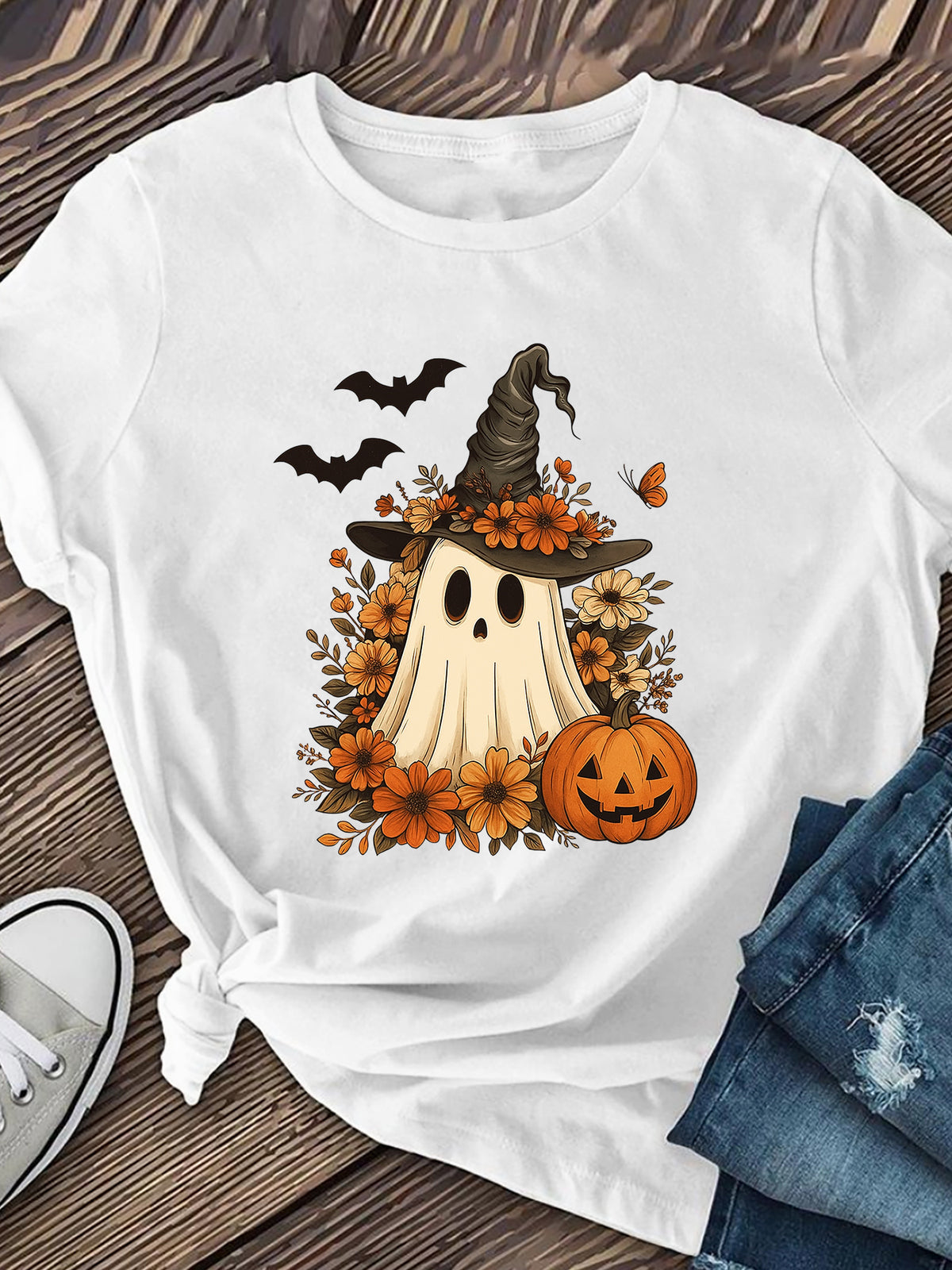 Floral Ghost Witch Hat T-Shirt, Halloween Pumpkin & Bats Graphic Tee
