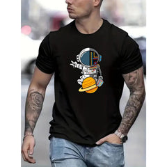 Men'S Casual Stylish Round-Neck Print Short-Sleeve T-Shirt Featuring a Cartoon Astronaut