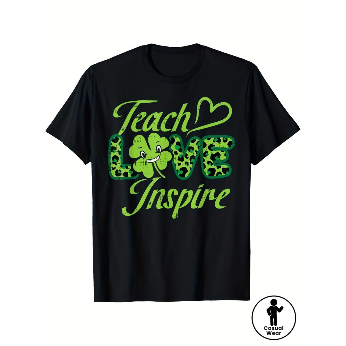 Women's St Day Teacher T-Shirt - Teach Love Inspire Shamrock Retro Short Sleeve Round Neck Top, Comfortable Casual Shirt Suitable for Casual Wear & Events, Machine Washable Polyester (S-XXXXXL)