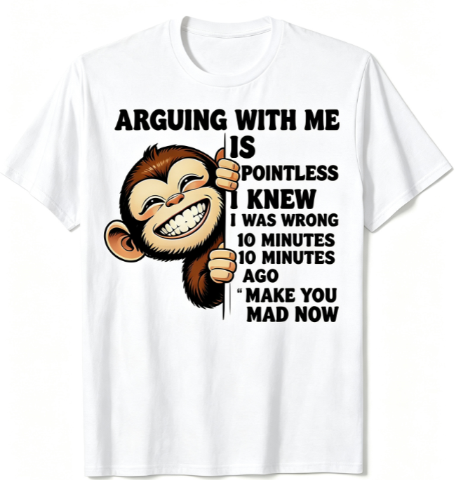Funny Sarcastic Monkey Graphic Crew Neck T‑Shirt, Arguing With Me Is Pointless Humorous Quote Print Short Sleeve Casual Novelty Tee for Men
