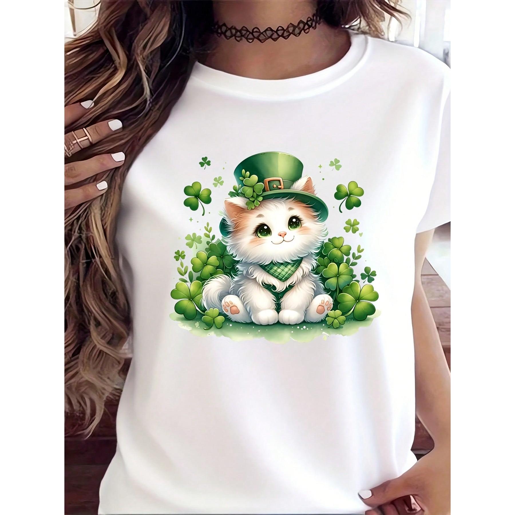 St. Patrick's Day Cute Cat With Green Hat And Clover T-Shirt For Women - Irish Festival Lucky Kitten Graphic Tee For Saint Patrick's Day Celebration