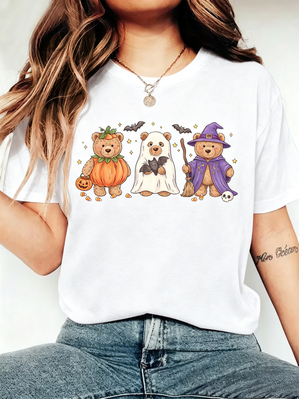 Women's Halloween Teddy Bear Pumpkin Ghost Witch Graphic T-Shirt