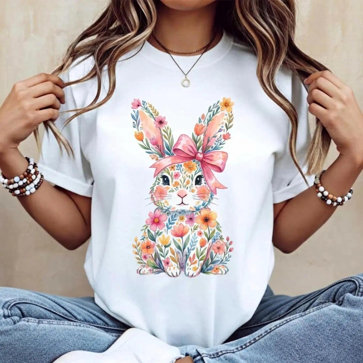 Casual Women s Round Neck Short Sleeve T Shirt Featuring Easter Bunny with Pink Bow and Colorful Swirls Print Perfect for Spring Festivals and Outdoor Leisure