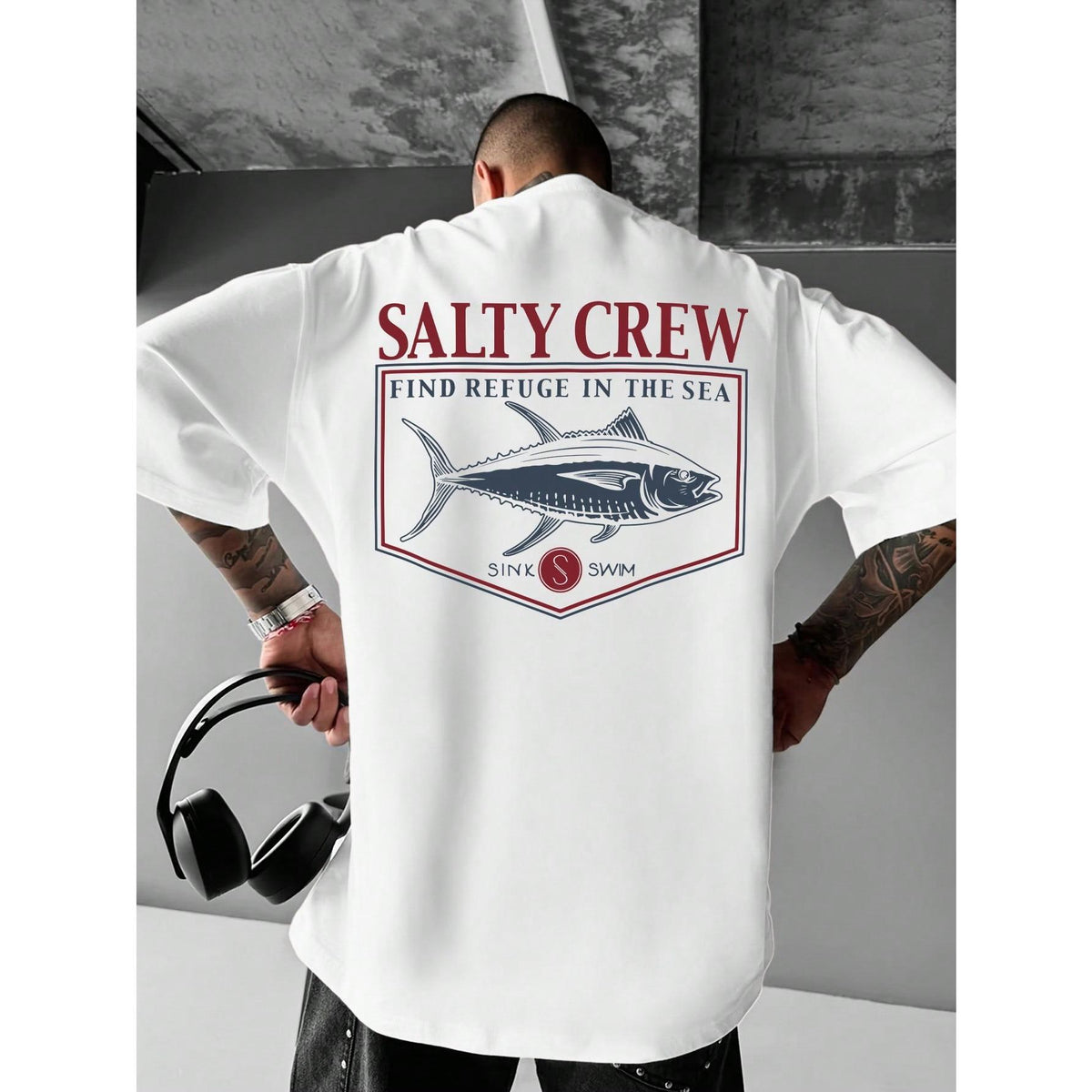 Red & White Salty Crew Graphic T-Shirt | Men's Casual Loose Fit Short Sleeve Summer Style