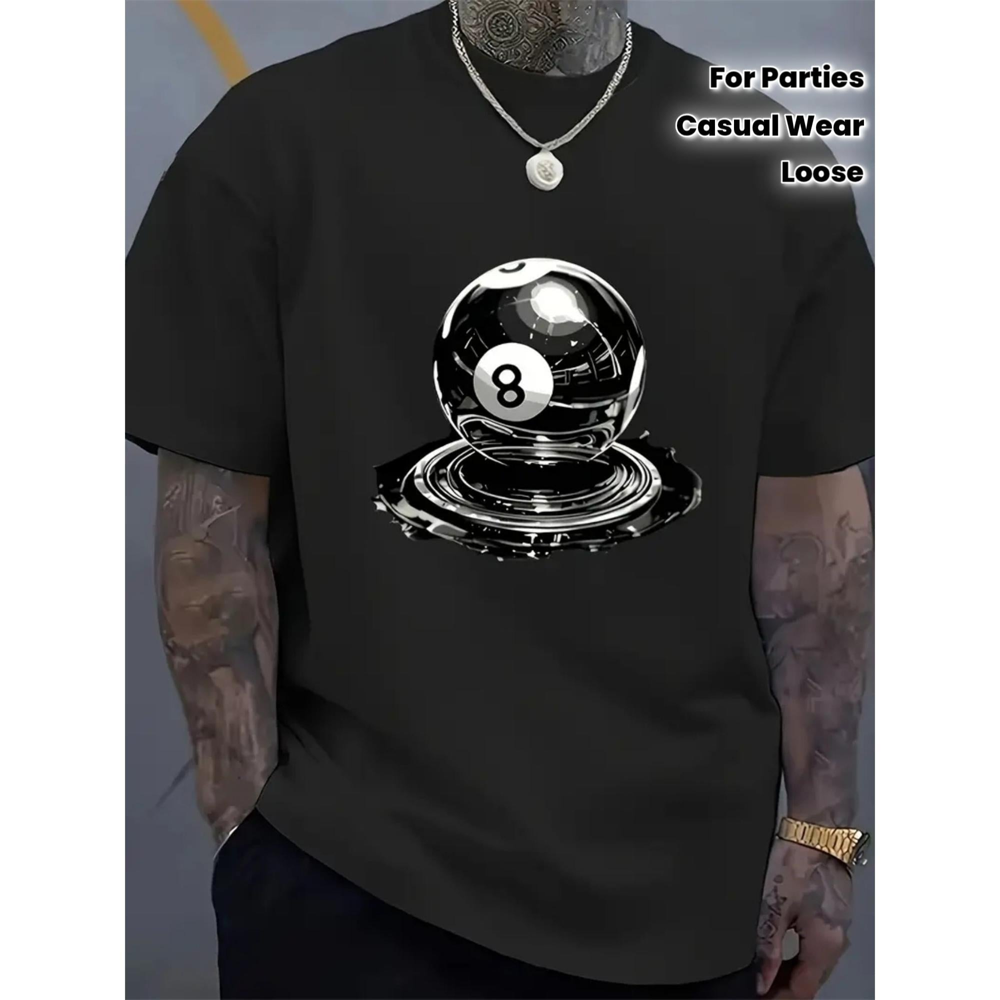 Billiards No. 8 Pattern T-Shirt | Black White Print Casual - Comfortable Loose Daily Top, Suitable for Parties, Game Nights and Casual Wear - Machine Washable Crew Neck, Summer Essential, Fashion Design, Durable Material