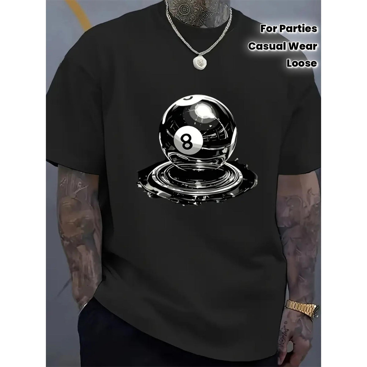 Billiards No. 8 Pattern T-Shirt | Black White Print Casual - Comfortable Loose Daily Top, Suitable for Parties, Game Nights and Casual Wear - Machine Washable Crew Neck, Summer Essential, Fashion Design, Durable Material