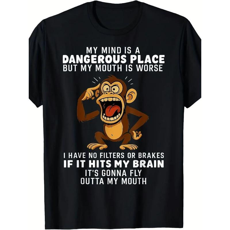 Mens Humorous Monkey Graphic T Shirt Featuring My Mind Is a Dangerous Place Slogan Perfect Casual Short Sleeve Party Tee for Fourth of July Comfortable Breathable Soft Fabric with Medium Stretch and Round Neck