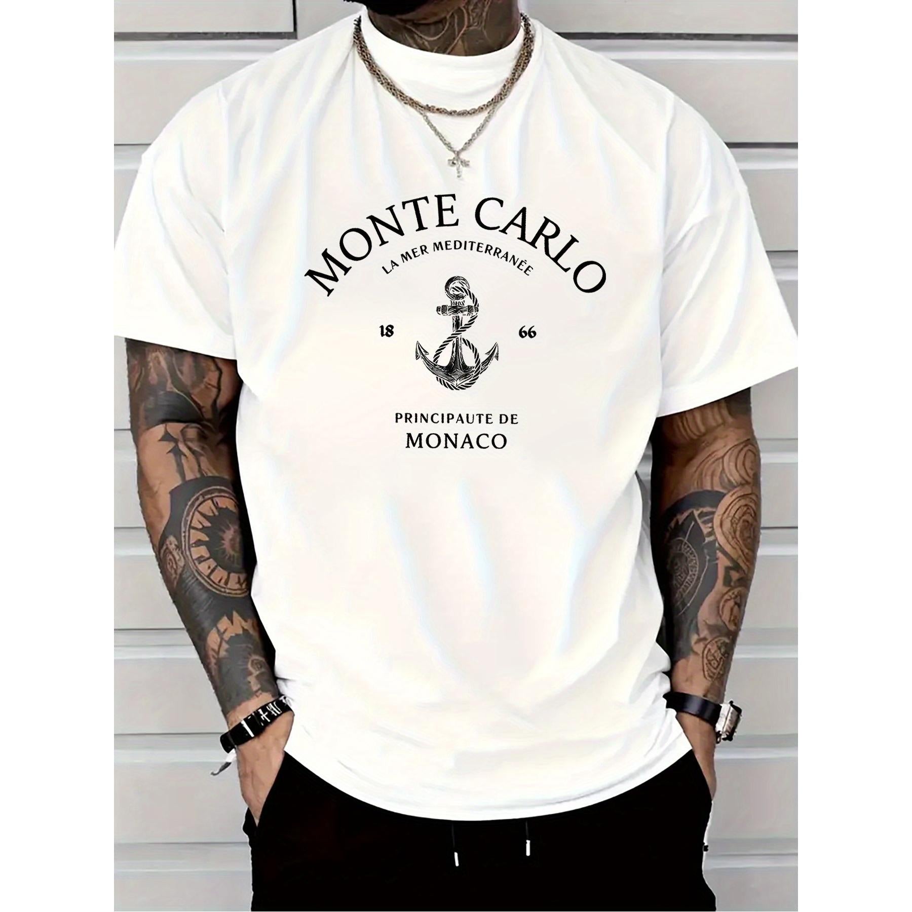 Men'S Casual T-Shirt with Monte Carlo and Montenegro Anchor Print | Breathable Streetwear Top for All Seasons, Machine Washable, Birthday and Holiday Gift, for all-season Apparel, Durable Casualwear, Crew Neck, Regular Fit, Short Sleeves
