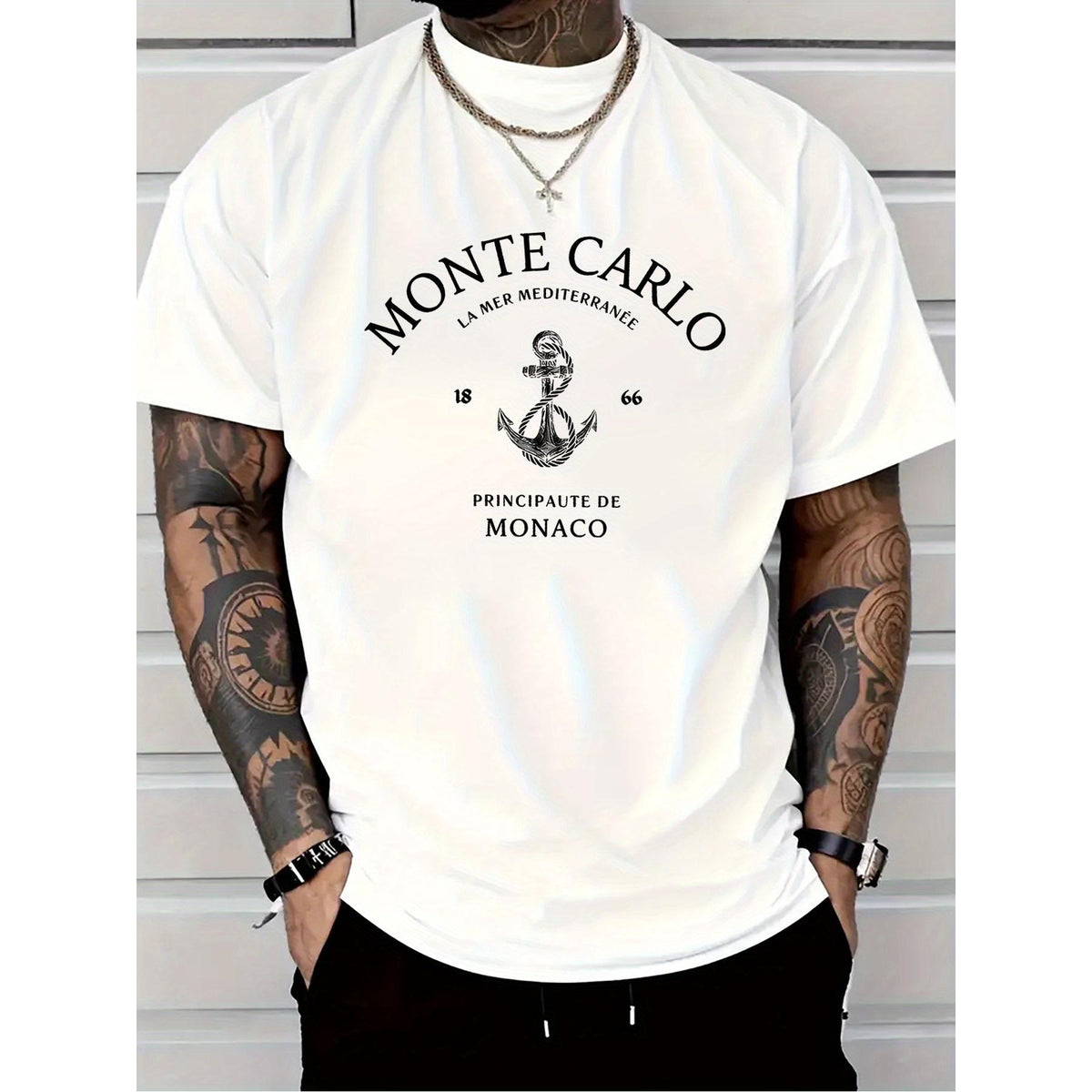 Men'S Casual T-Shirt with Monte Carlo and Montenegro Anchor Print | Breathable Streetwear Top for All Seasons, Machine Washable, Birthday and Holiday Gift, for all-season Apparel, Durable Casualwear, Crew Neck, Regular Fit, Short Sleeves