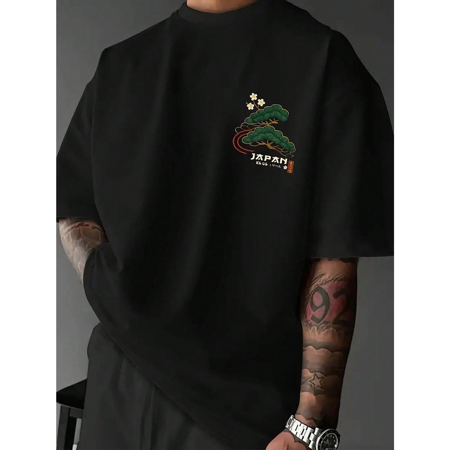 Men's Casual Versatile Simple Japanese Crane Print Short Sleeve T-Shirt