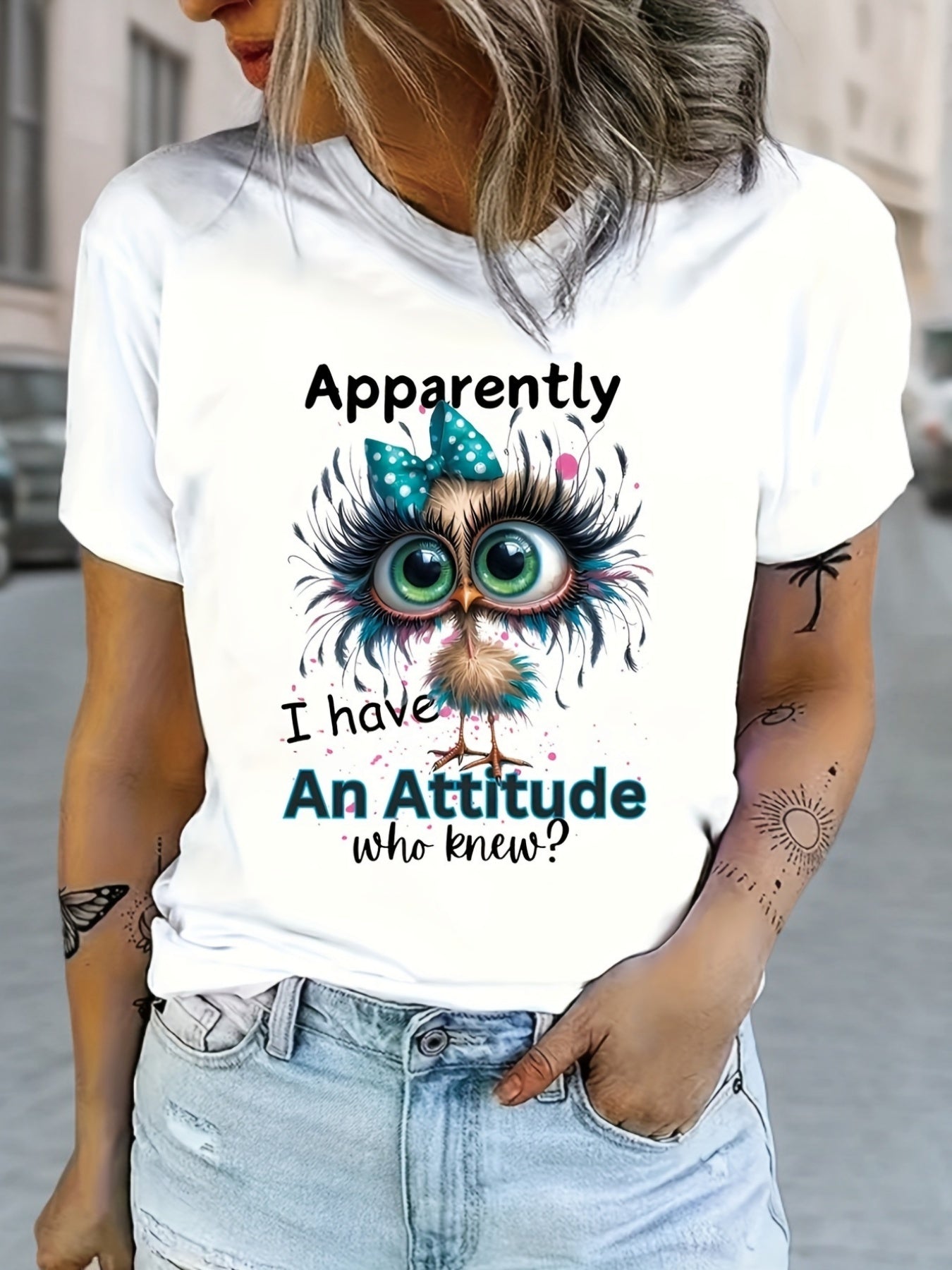 Women's Crew Neck Graphic T-Shirt, Apparently I Have An Attitude Who Knew Funny Sleeve Casual Tee