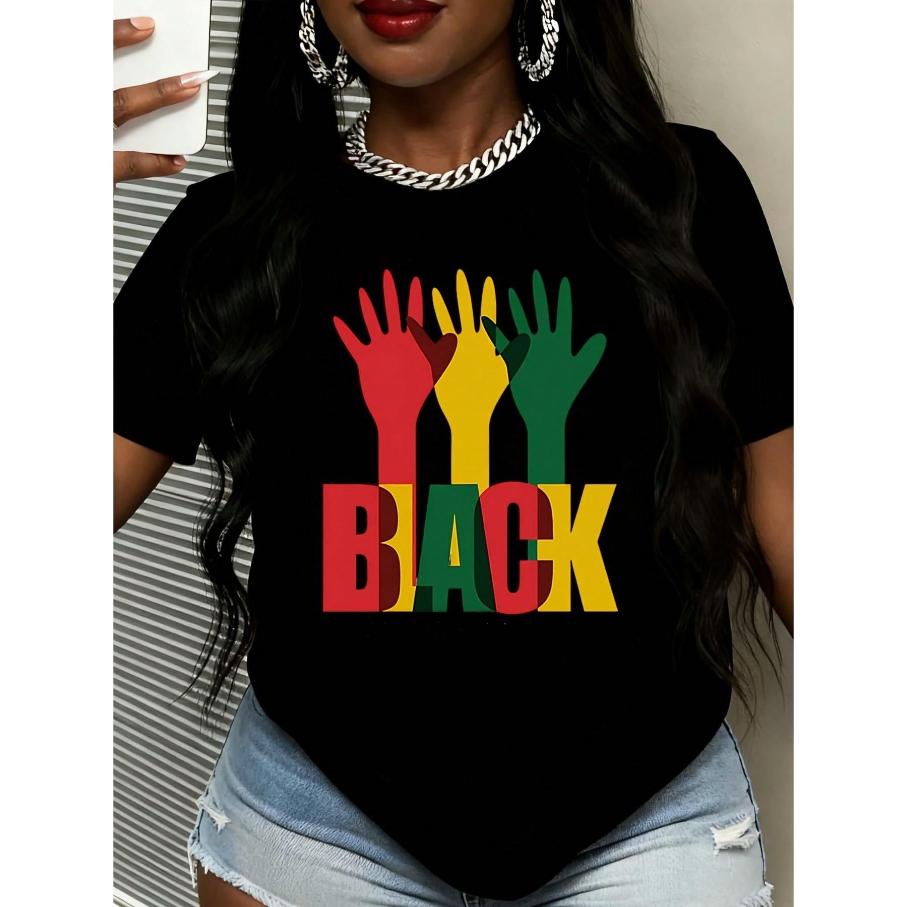 Black T Shirt With Red Yellow Green Hands And Black History Month Text For Celebrating Black History Month Events