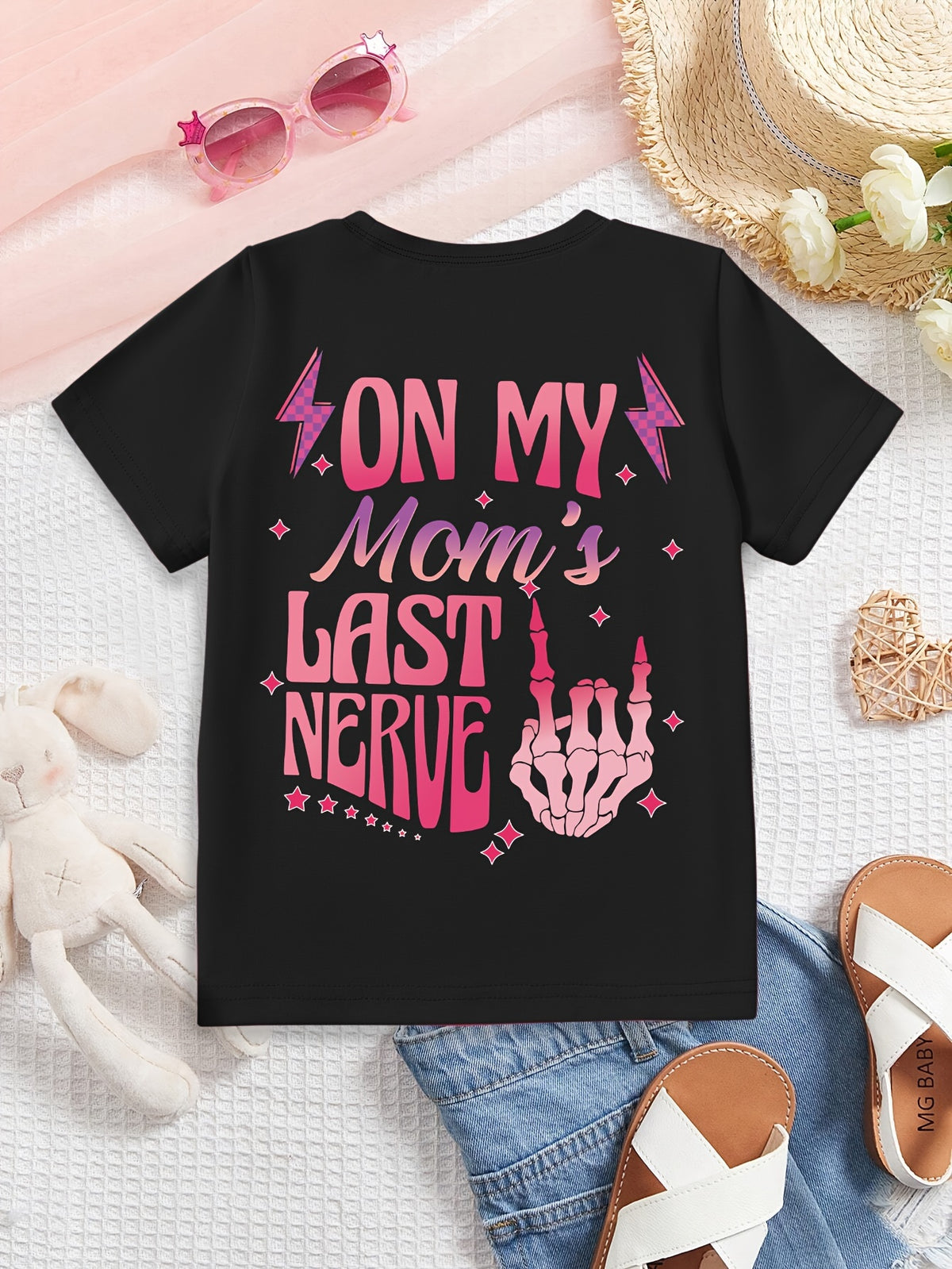 Summer Fashion Graphic T-Shirt with "On My Mom's Last Nerve" Print Cotton Women Short Sleeve Casual Top