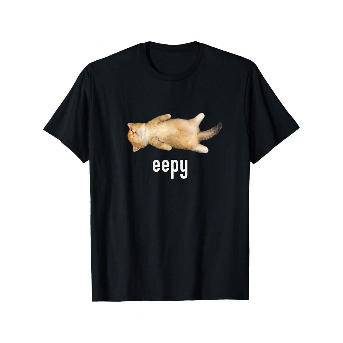 Eepy Cat Silly Sleepy Cat Meme T-Shirt Cotton Fabric Hem Menswear Black Crewneck Short Sleeve Casual Playful Cute Regular Fit Slight Stretch