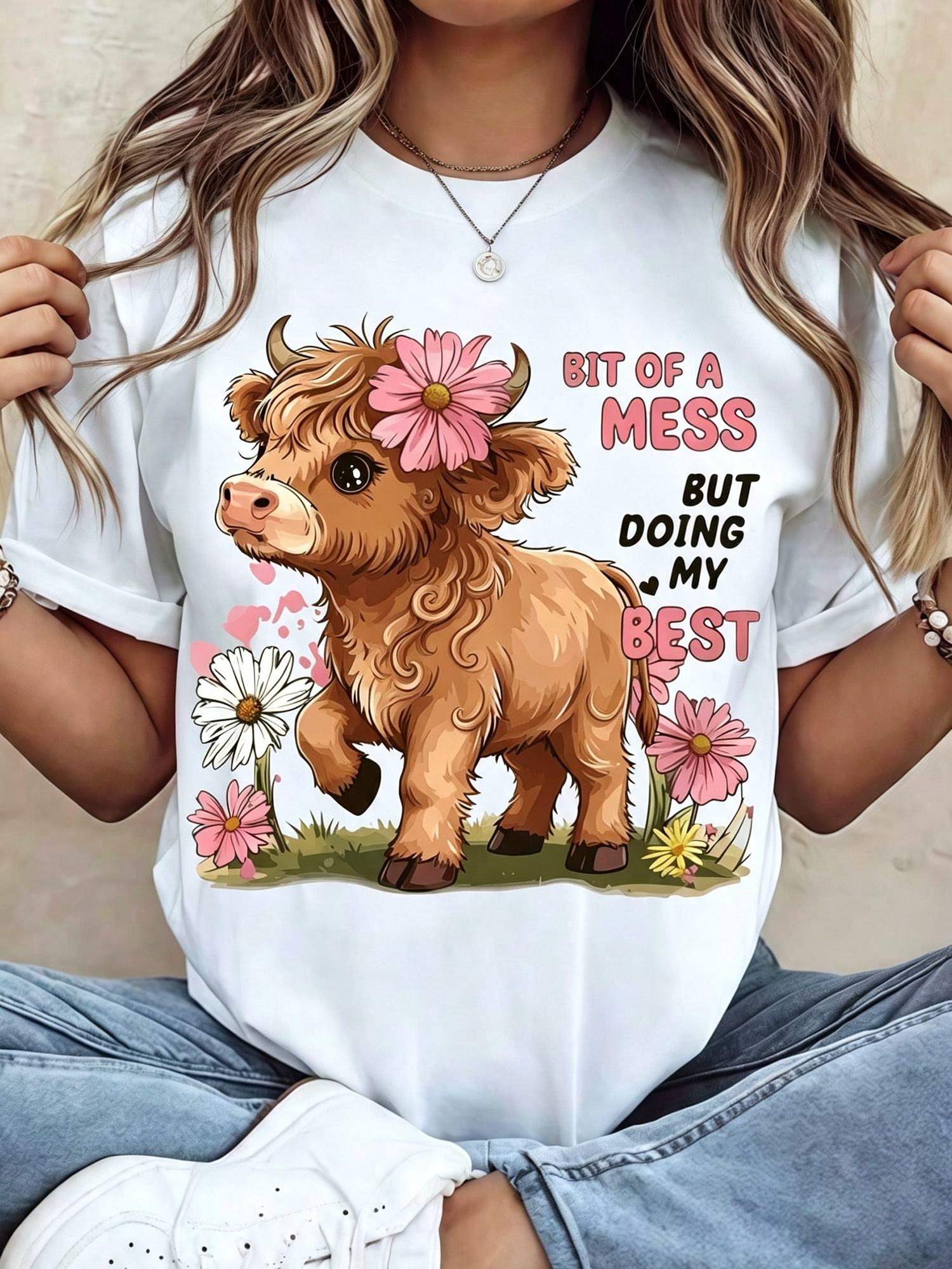 Cute Highland Cow Graphic T‑Shirt for Women, Bit of A Mess But Doing My Best Inspirational Casual Short Sleeve Tee