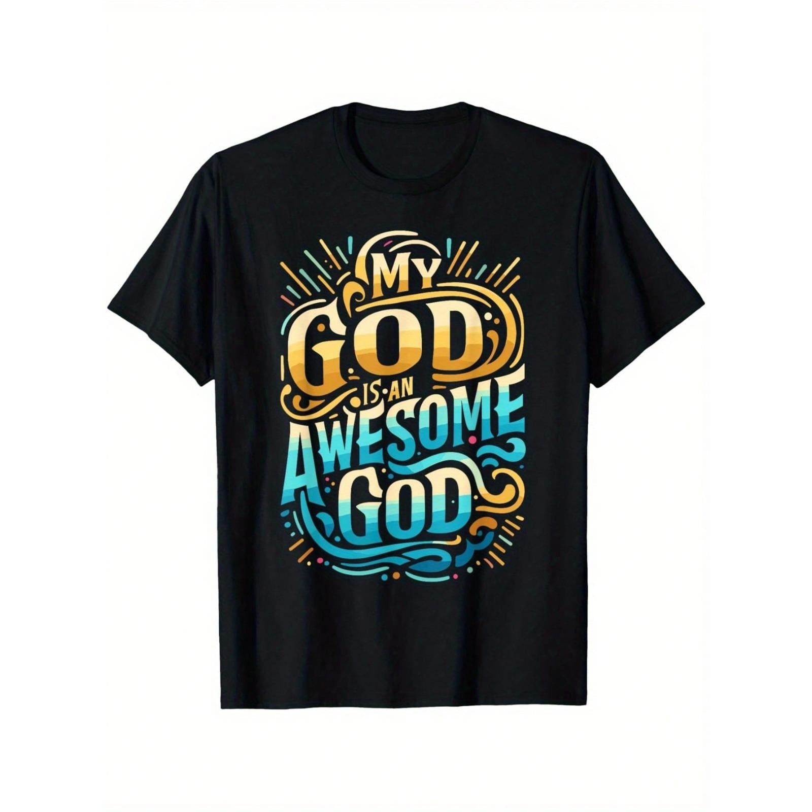 Men's Short-Sleeve T-Shirt - 100% Cotton Christian Inspirational "My God Is An Awesome God" Graphic Top, Casual Round Neck with Cool Duck Design, Black, S-XXXL Sizes for Summer Outdoor Use, Shortsleeve, Tshirt