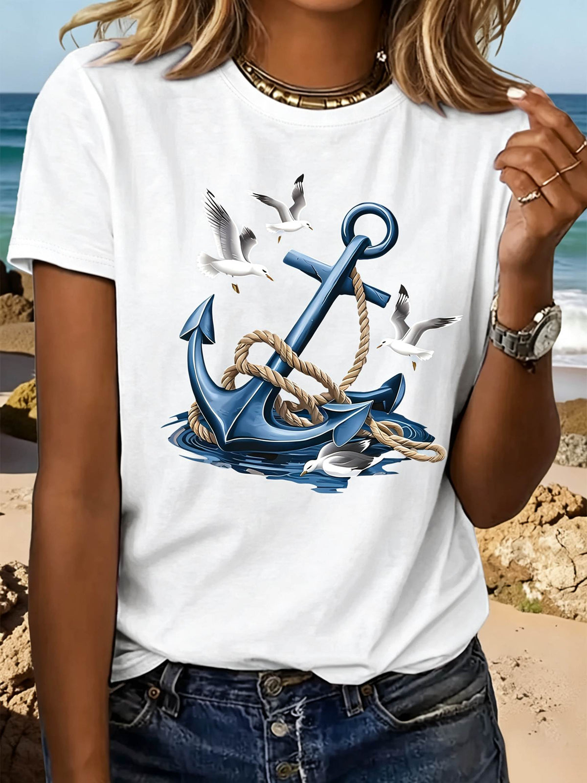 Nautical Anchor T-Shirt Seagulls Ocean Lover Coastal Beach Tee