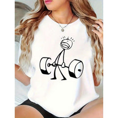 Women's Oversized Funny Workout Graphic T-Shirt - Black Short Sleeve Oversized Tee With Humorous Stick Figure Lifting Weights Print. Loose Fit Soft Cotton Top, All-Season