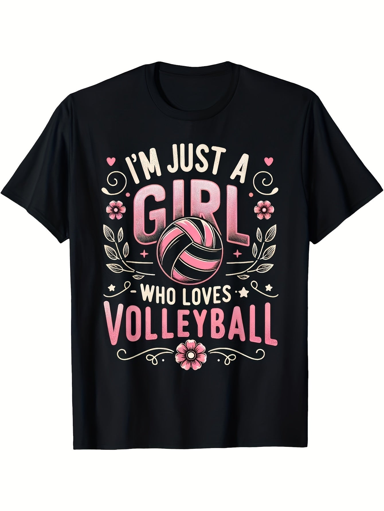 I'm Just A Girl Who Loves Volleyball Graphic T‑Shirt, Floral Sports Casual Short Sleeve Tee for Women