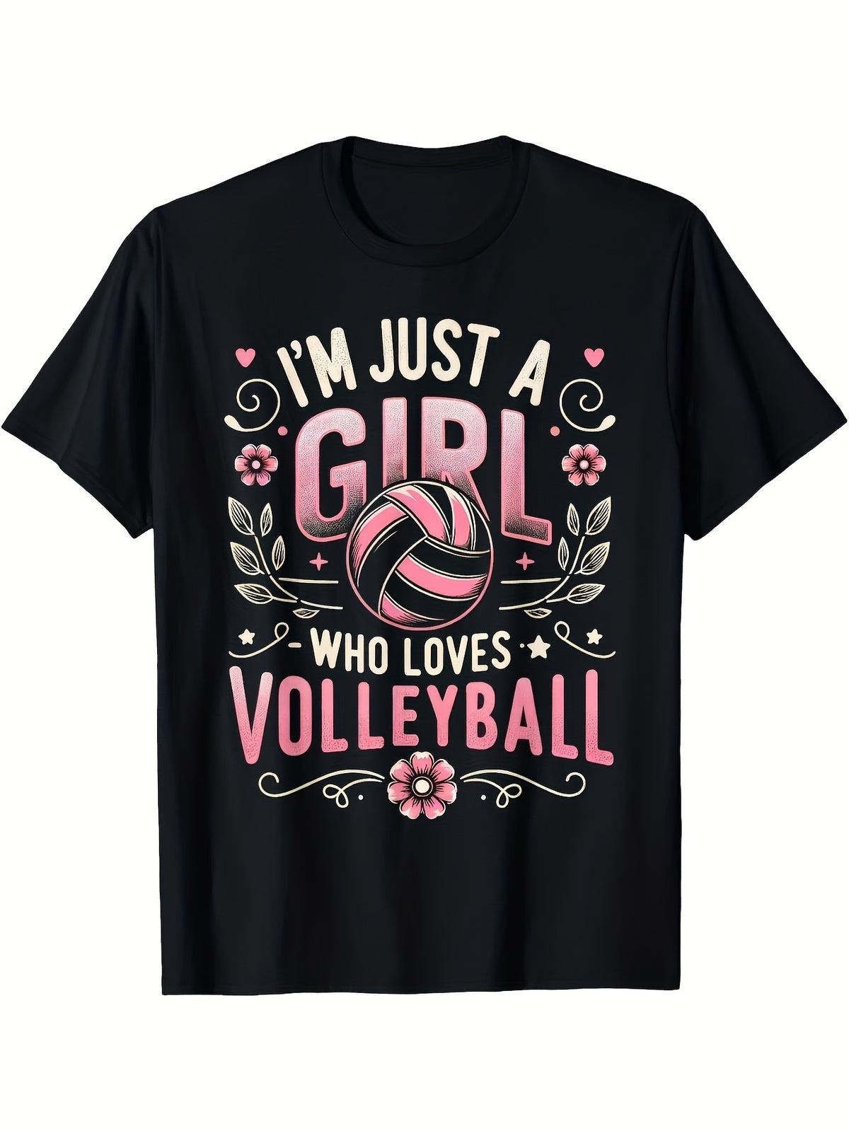 I'm Just A Girl Who Loves Volleyball Graphic T‑Shirt, Floral Sports Casual Short Sleeve Tee for Women