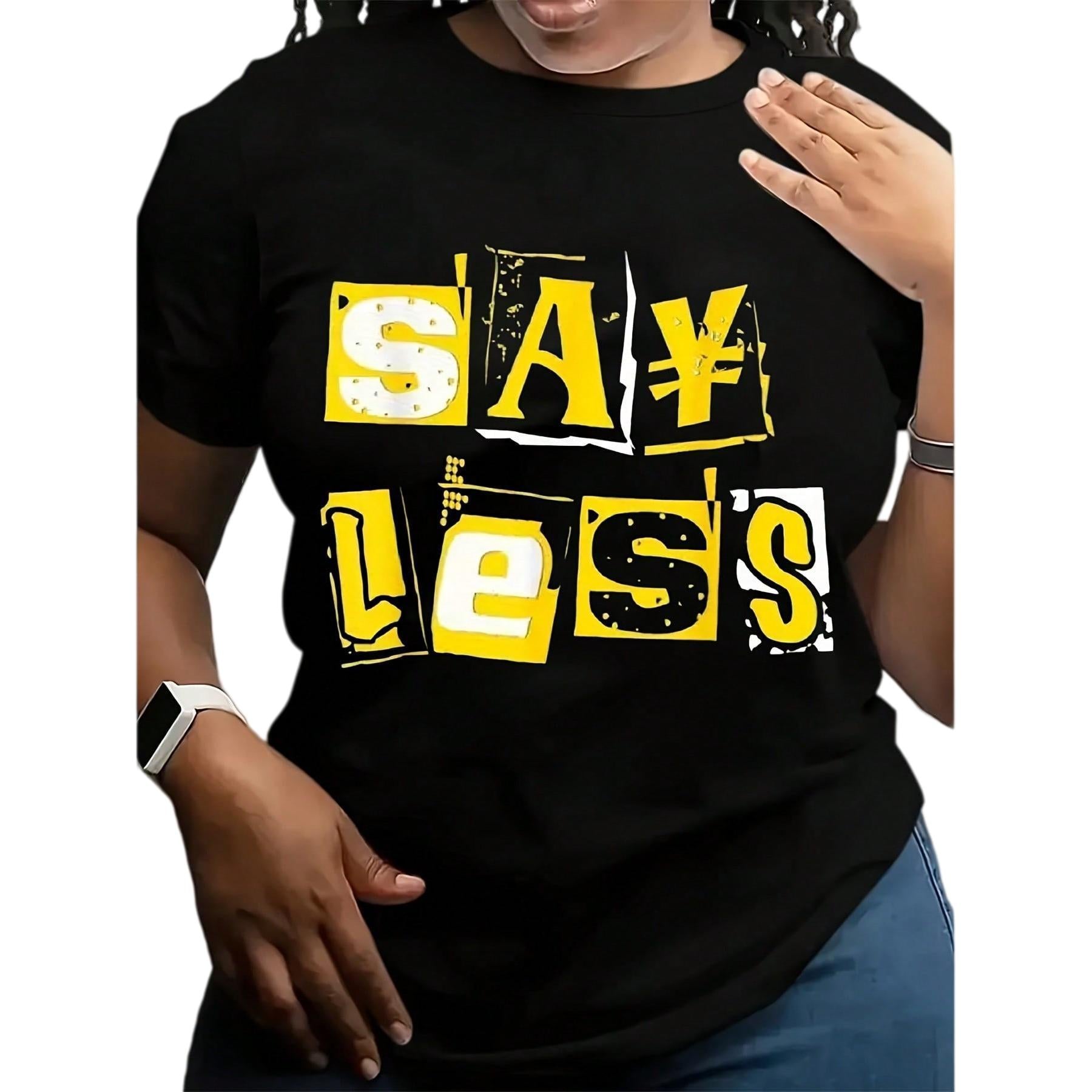 Black And Yellow Block Letter Design Tee Featuring a 'Say Less' Print, Perfect for Summer with a Regular Fit And Crew Neck Style