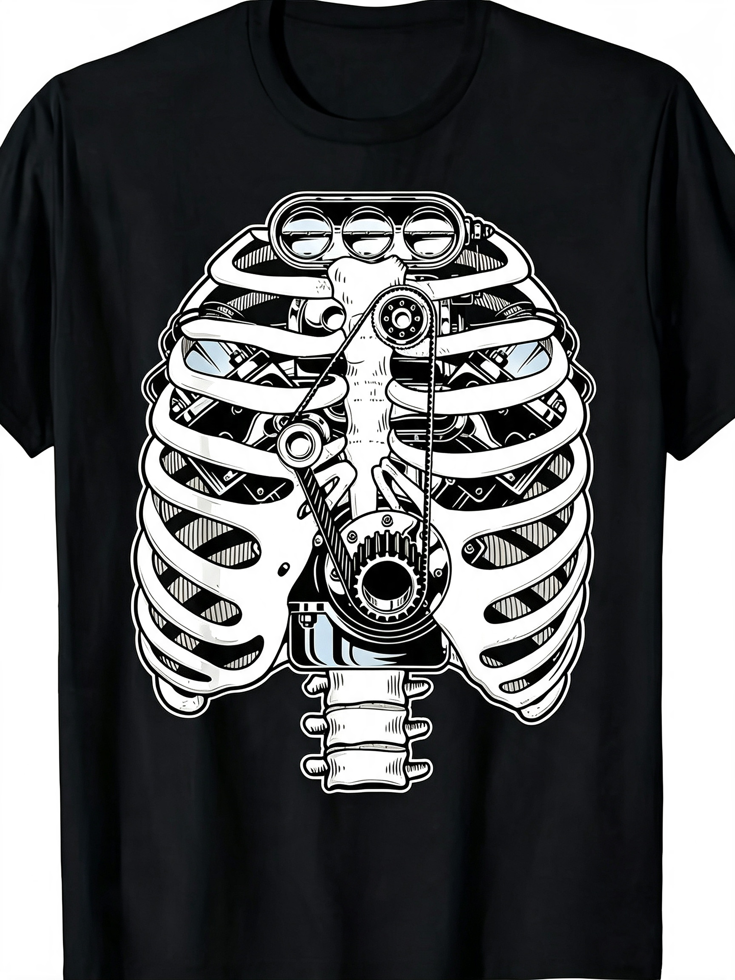 Steampunk Mechanical Ribcage Skeleton Graphic T‑Shirt, Retro Gothic Casual Short Sleeve Tee for Men Women