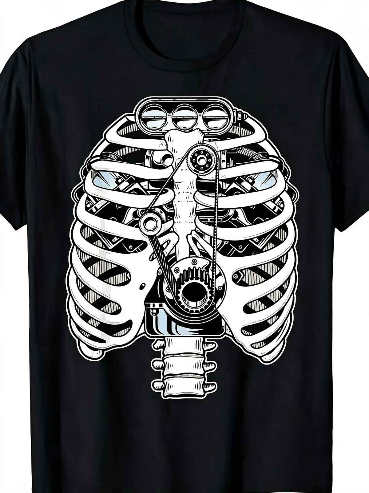 Steampunk Mechanical Ribcage Skeleton Graphic T‑Shirt, Retro Gothic Casual Short Sleeve Tee for Men Women