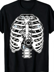Steampunk Mechanical Ribcage Skeleton Graphic T‑Shirt, Retro Gothic Casual Short Sleeve Tee for Men Women