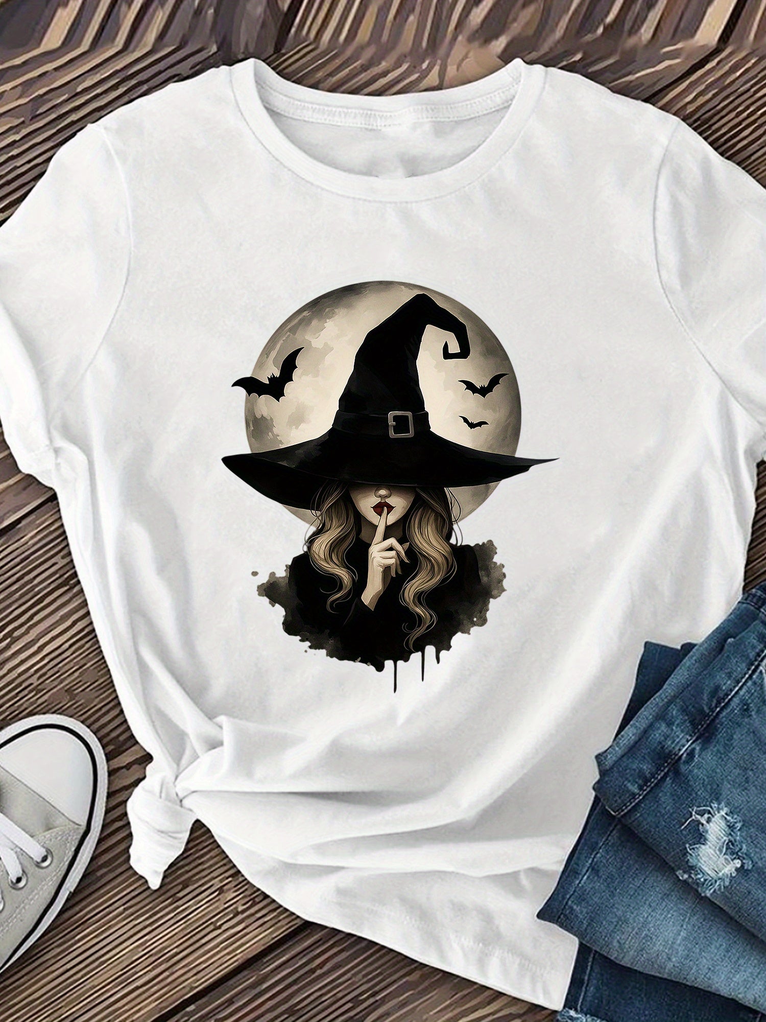 Mystery Witch Hat Shhh Graphic T-Shirt, Women's Gothic Short Sleeve Crew Neck Casual Top