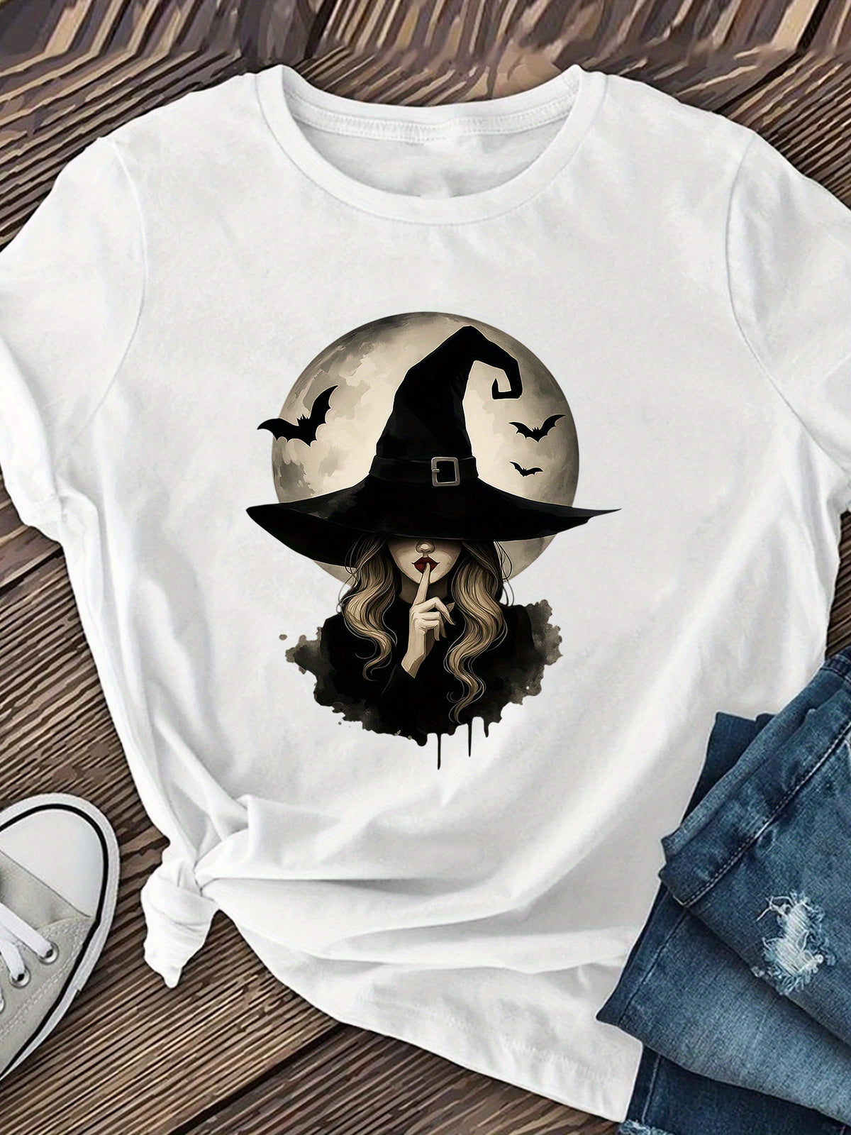 Mystery Witch Hat Shhh Graphic T-Shirt, Women's Gothic Short Sleeve Crew Neck Casual Top