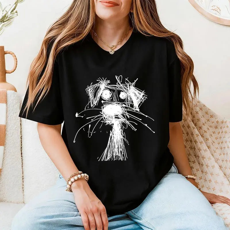 Women's Casual Round Neck Puppy Doodle Print Short Sleeve oversize T-Shirt,Versatile