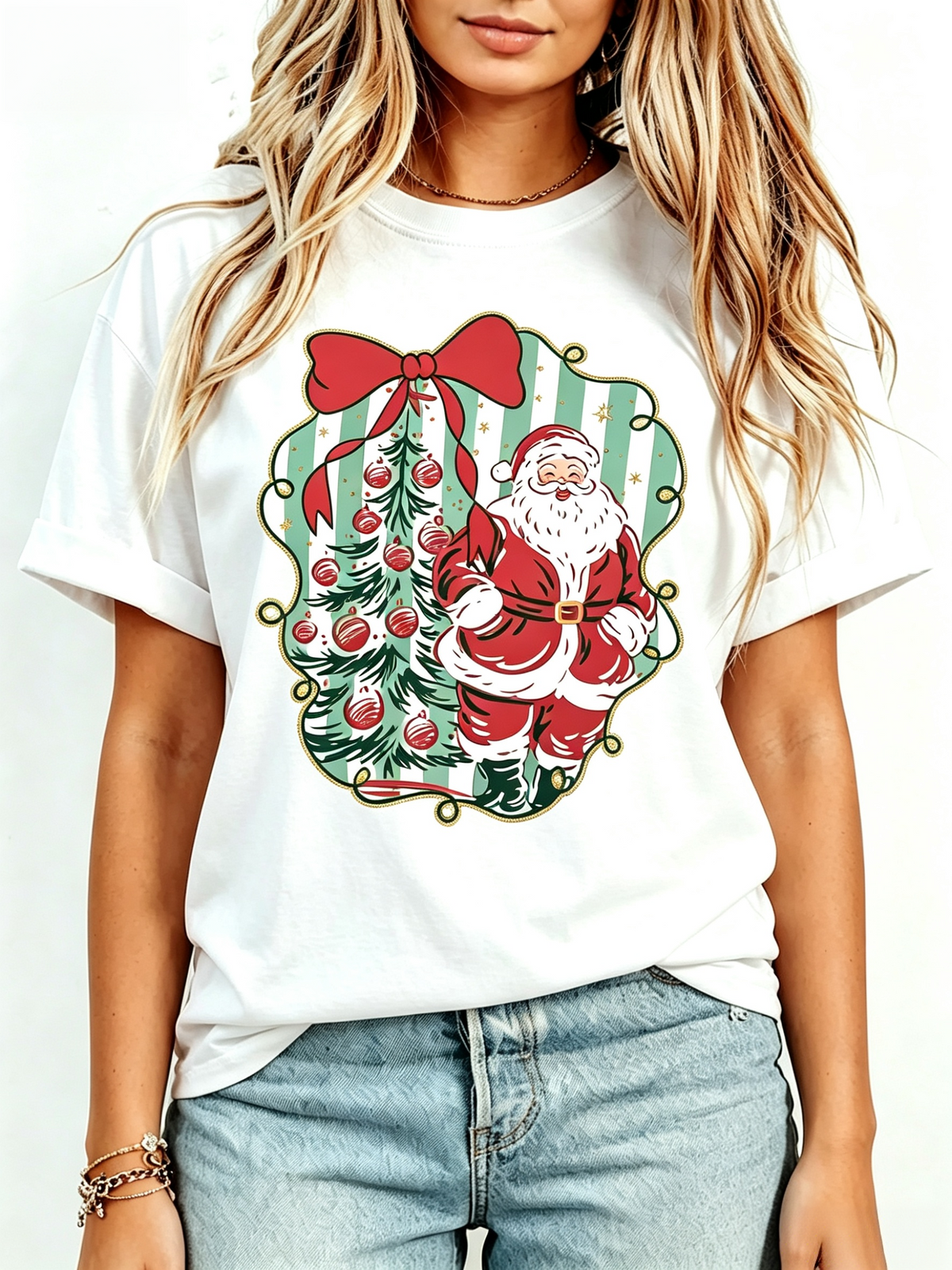 Women's Vintage Santa Claus Graphic T-Shirt Round Neck Short Sleeve Red Bow Green Stripe Printed Tee Holiday Christmas Party Tops_bg01